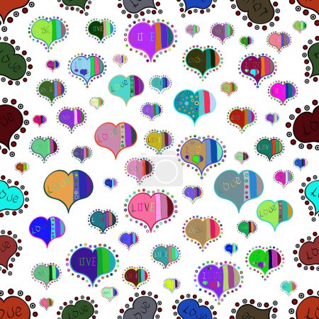 Elements white, blue and green colors on background. Vector pattern for your creativity. Seamless festive texture with doodle hearts and love inscription.