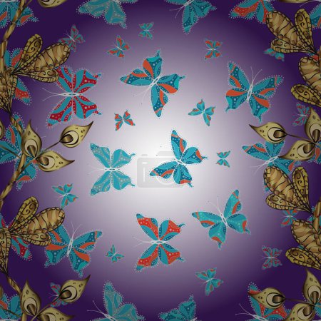 Illustration for Seamless. Butterflies pattern. Pattern for fabric, textile, print and invitation. Vector. Illustration on blue, violet and neutral background. - Royalty Free Image