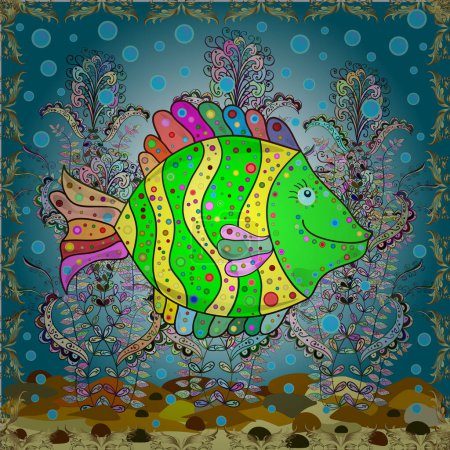 Colorful cute texture fish pattern. Vector illustration. Seamless colorful background. Fishe on neutral, blue and green colord.