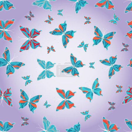 Bilder in violetten, blauen und neutralen Farben mit tropischen Schmetterlingen. Abstrakter, nahtloser Hintergrund. Perfekt für Tapeten, Webseiten-Hintergründe, Oberflächentexturen, Textilien. Vektorschmetterlingsmuster