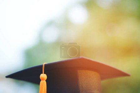 Photo for Graduation, close up student hats in during commencement success graduates of the university, Concept education congratulation. copy space banner. - Royalty Free Image