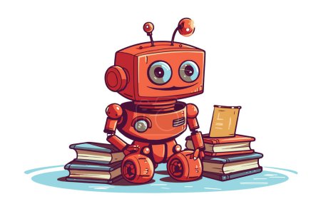 Ilustración de Robot pintado a mano con libros en estilo de dibujos animados. AI - concepto de inteligencia artificial. Formato vectorial. - Imagen libre de derechos