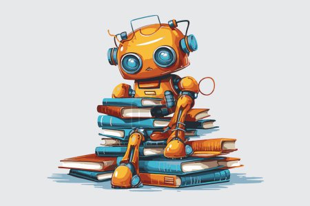 Téléchargez les photos : Robot peint à la main avec des livres en style dessin animé. IA - concept d'intelligence artificielle. Format vectoriel. - en image libre de droit