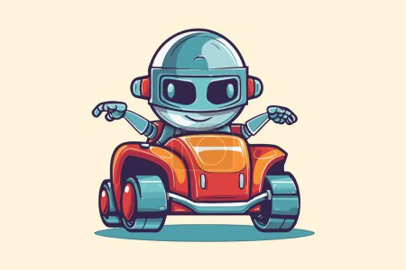 Robot peint à la main conduisant une voiture dans le style de dessin animé. IA - intelligence artificielle et auto-conduite concept de voiture logo. Format vectoriel.
