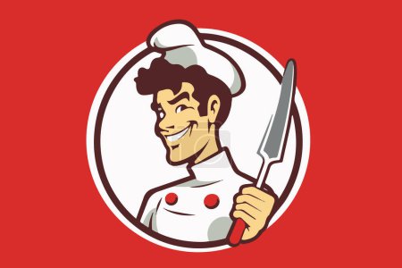 Téléchargez les photos : Cuisinier peint à la main dans le style dessin animé. Jeune homme en costume de cuisinier avec chapeau de chef et couteau à la main. Format vectoriel. - en image libre de droit