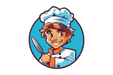 Illustration for Hand painted cook in cartoon style. Young man in cook costume with chef's hat and knife in hand. Vector format. - Royalty Free Image