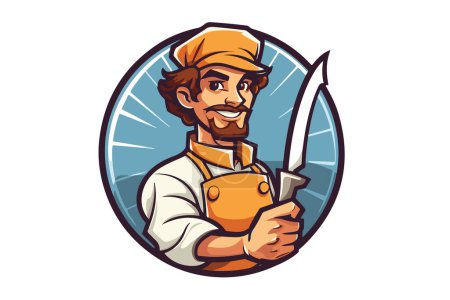 Illustration for Hand painted cook in cartoon style. Young man in cook costume with chef's hat and knife in hand. Vector format. - Royalty Free Image