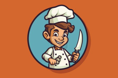Téléchargez les photos : Cuisinier peint à la main dans le style dessin animé. Jeune homme en costume de cuisinier avec chapeau de chef et couteau à la main. Format vectoriel. - en image libre de droit