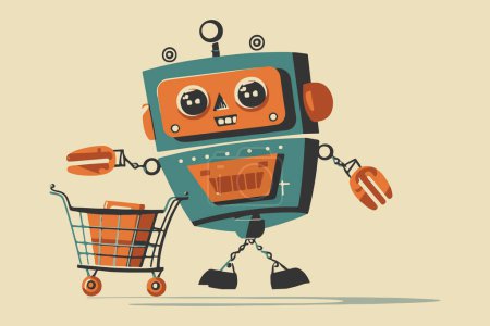 Téléchargez les photos : Robot peint à la main avec chariot à provisions en style dessin animé. IA - intelligence artificielle dans le shopping et le commerce électronique, logo concept. Format vectoriel. - en image libre de droit