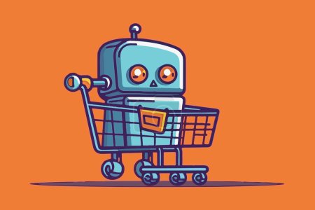 Ilustración de Robot pintado a mano con carrito de compras en estilo de dibujos animados. AI - inteligencia artificial en compras y comercio electrónico, logotipo conceptual. Formato vectorial. - Imagen libre de derechos