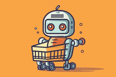 Ilustración de Robot pintado a mano con carrito de compras en estilo de dibujos animados. AI - inteligencia artificial en compras y comercio electrónico, logotipo conceptual. Formato vectorial. - Imagen libre de derechos