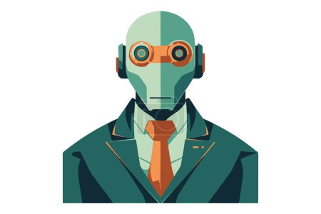 Téléchargez les photos : Homme d'affaires peint à la main avec tête de robot en style dessin animé. IA - intelligence artificielle dans l'entreprise, logo concept. Format vectoriel. - en image libre de droit
