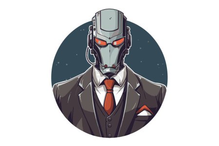 Téléchargez les photos : Homme d'affaires peint à la main avec tête de robot en style dessin animé. IA - intelligence artificielle dans l'entreprise, logo concept. Format vectoriel. - en image libre de droit