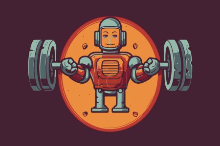 Téléchargez les photos : Robot peint à la main avec des poids dans la salle de gym, style dessin animé. IA - intelligence artificielle dans les sports de fitness et de force, logo concept. Format vectoriel. - en image libre de droit