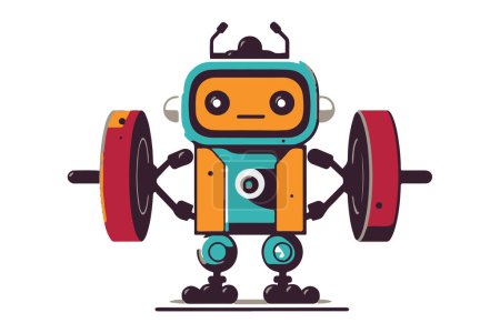 Téléchargez les photos : Robot peint à la main avec des poids dans la salle de gym, style dessin animé. IA - intelligence artificielle dans les sports de fitness et de force, logo concept. Format vectoriel. - en image libre de droit