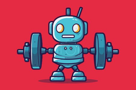Illustration for Hand painted robot with weights in the gym, cartoon style. AI - artificial intelligence in fitness and strength sports, concept logo. Vector format. - Royalty Free Image