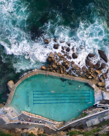 Aerial drone view of Bronte Ocean Pool in Sydney, New South Wales Australia. Photo taken in Australia.