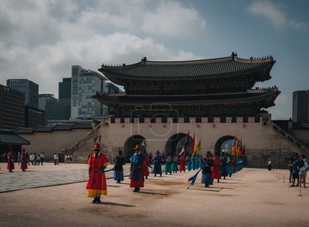 Photo for Changing of the guard demonstration at Gyeongbokgung Palace, seoul, South korea. The Royal Guard-Changing Ceremony is a great tourism travel opportunity to experience a rare traditional scene in Korea - Royalty Free Image