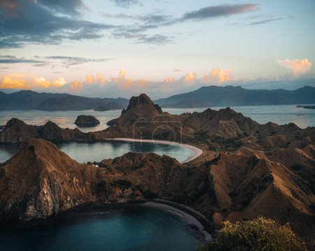 Top aerial drone view of Padar Island in a morning before sunrise, Komodo Island National Park, Labuan Bajo, Flores, Indonesia. Photo taken in Indonesia.