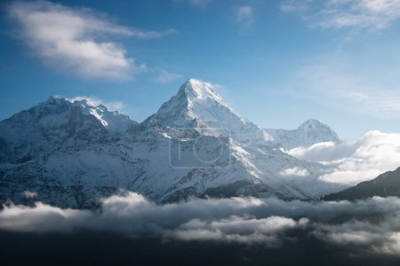 Photo for Sunrise light over Annapurna mountain range with beautiful clouds, view from Poon hill in Himalayas, Nepal. - Royalty Free Image