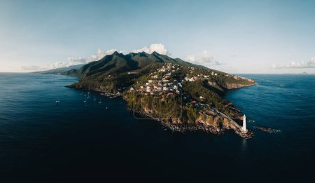 Photo for Aerial drone panorama of Lighthouse at Vieux-Fort, the southernmost point of Guadeloupe, Caribbean Sea. - Royalty Free Image