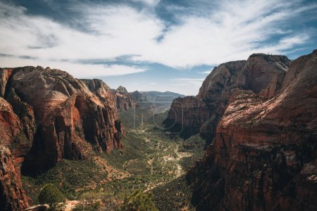 View of Zion Canyon from Angels Landing,in Zion National Park, Utah. Blue sky with clouds. Travel concept after covid. Outdoor experience. Photo taken in USA