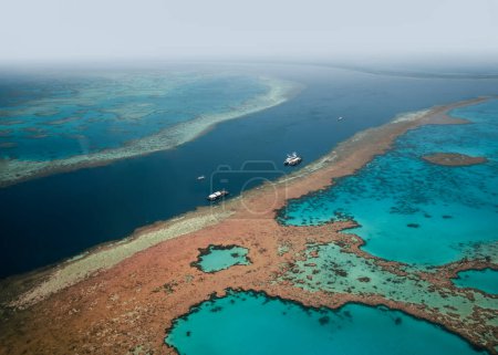 Aerial view of Great Barrier Reef coral reef structure in Whitsundays, Aerilie beach, Queensland, Australia.