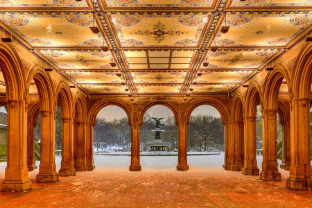 Téléchargez les photos : Le plafond de tuiles de Minton illuminé sur la terrasse Bethesda la nuit en hiver à Central Park, New York
. - en image libre de droit