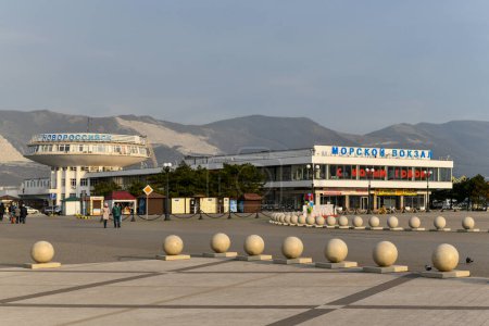 Photo for Novorossiysk, Russia - Jan 9, 2022: View of Novorossiysk Marine Station in Tsemes Bay. Writing says "Marine Station" and "Novorossiysk." - Royalty Free Image