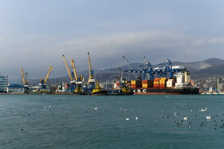 Photo for Novorossiysk, Russia - Jan 9, 2022: Cargo ships and cranes at the port of Novorossiysk. - Royalty Free Image