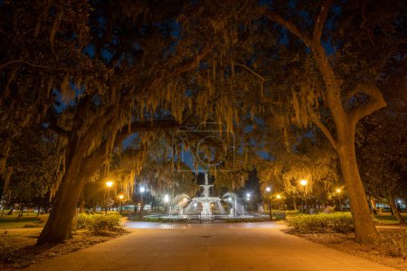 Fontaine illuminée Forsyth Park à Savannah, Géorgie, USA en soirée.