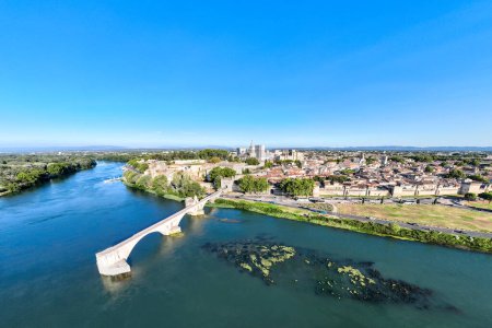 Photo for Pont Saint Benezet bridge and Rhone river aerial panoramic view in Avignon. Avignon is a city on the Rhone river in southern France. - Royalty Free Image