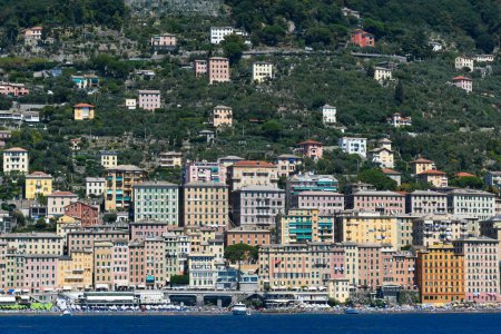 Photo for Colorful buildings near the ligurian sea beach of Bagni Lido in Camogli, Italy. - Royalty Free Image