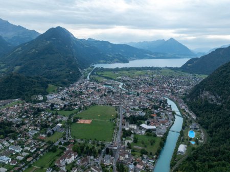Photo for Aerial view of the city of the beautiful city Interlaken in Switzerland. - Royalty Free Image