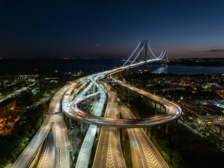 Aerial view of the Verrazzano Narrows Bridge in New York from Brooklyn in the evening.