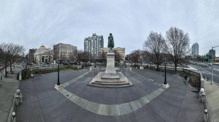 Continental Army Plaza in the Williamsburg neighborhood of Brooklyn, New York. The park has a striking equestrian sculpture of George Washington.