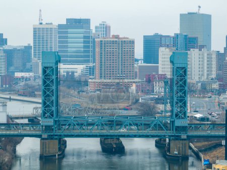 Aerial of Newark, NJ and NX Bridge over the Passaic River.