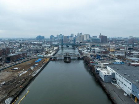 Aerial of Newark, NJ and NX Bridge over the Passaic River.