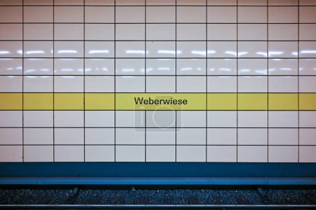 Berlin, Germany - Jul 3, 2023: The interior of the U-bahn metro station Weberwiese, located at Karl-Marx-Allee Avenue in the Friedrichshain district, Berlin.