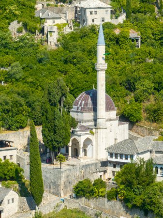 Aerial view of the Sisman Ibrahim Pasha Mosque in Pocitelj, Bosnia and Herzegovina.