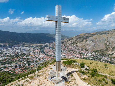 Millennium Cross, 33 meters high, constructed in 2002 to represent 2000 years of Christianity on the highest point of the Hum hill overlooking the old city of Mostar.
