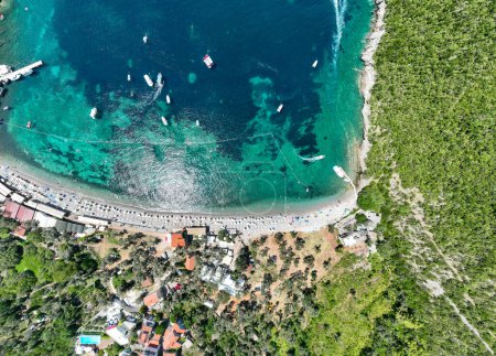 Aerial view of Mirista Beach in Lustica Montenegro in Kotor Bay.