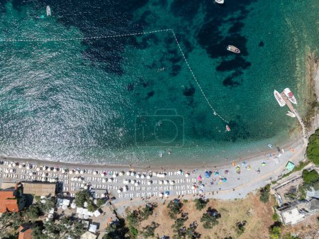 Aerial view of Mirista Beach in Lustica Montenegro in Kotor Bay.