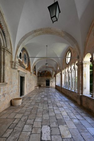 Beautiful view of historic courtyard Franciscan of the famous Church and Monastery in Dubrovnik, Dalmatia region, Croatia