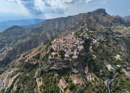 Spectacular aerial views of Taormina and Castelmola Medieval Villages in Sicily, Italy