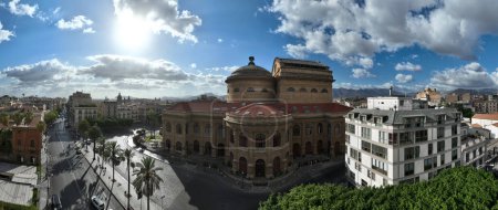 Aerial view of the Teatro Massimo Vittorio Emanuele, better known as Teatro Massimo, of Palermo is the largest opera theater building in Italy, and one of the largest in Europe