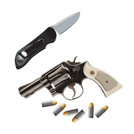 Gun and folding knife isolated on white background