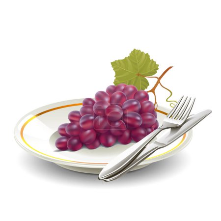 Illustration for Grapes. Fruit on a plate with a knife and fork isolated on white background - Royalty Free Image