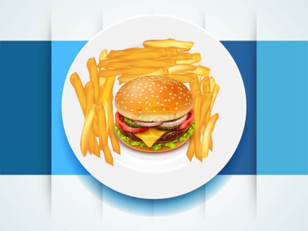 Illustration for Hamburger & french fries on a white dish with blue strip background - Royalty Free Image