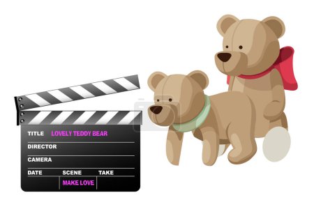 Illustration for Teddy bears of couple make love between lover with slate film. - Royalty Free Image